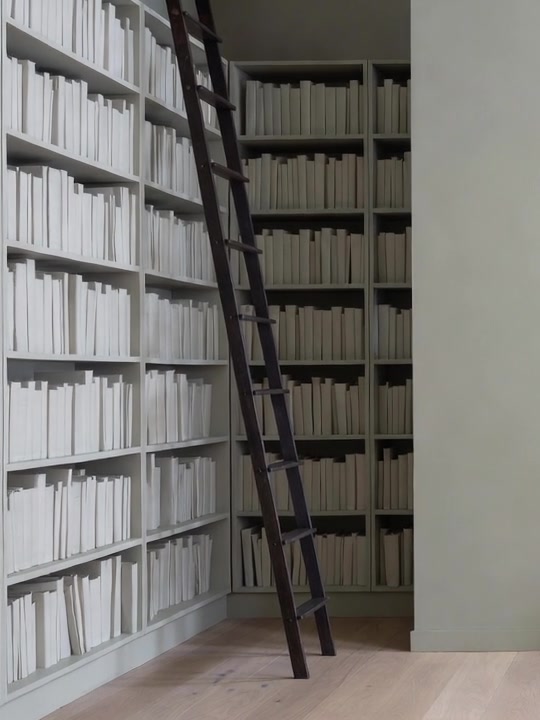 A dark iron ladder against shelves of blank book spines.